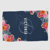 Roze rode Oranje Floral Navy Monogram en naam Golfhanddoek (Horizontaal)