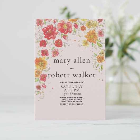 Roze rode oranje groene bloemen bruiloft kaart (Staand voorkant)