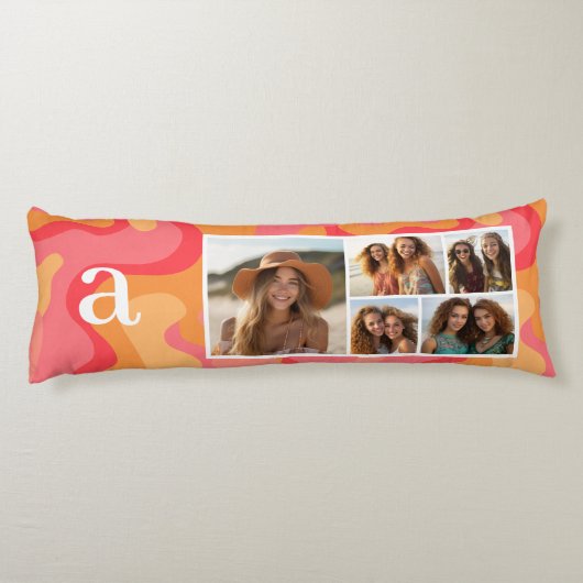 Roze Rode Organische Curven Mod Monogram Fotocolla Lichaamskussen (Achterkant)