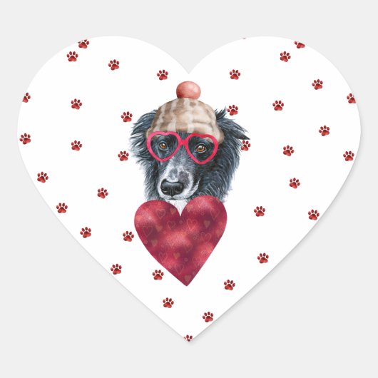 Roze Rode Pootjes Hart Border Collie Hond Valentij Sticker (Voorkant)