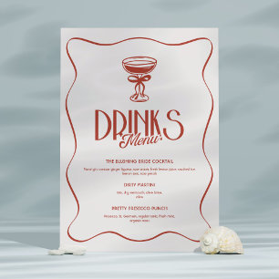 Roze Rode Retro Bachelorette Drinken Menu 2-Side Kaart