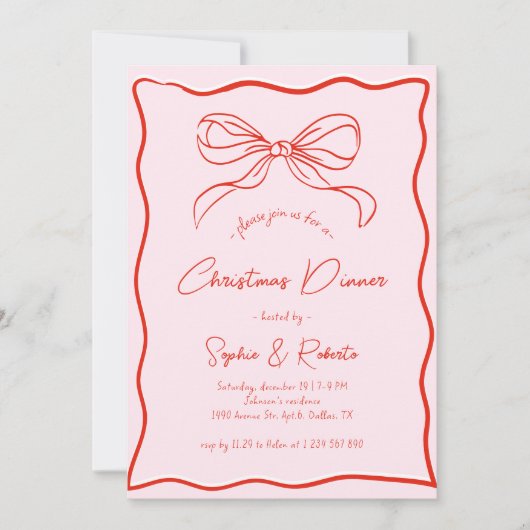 Roze & Rode Retro Bow Frans Kerstdiner Kaart (Voorkant)
