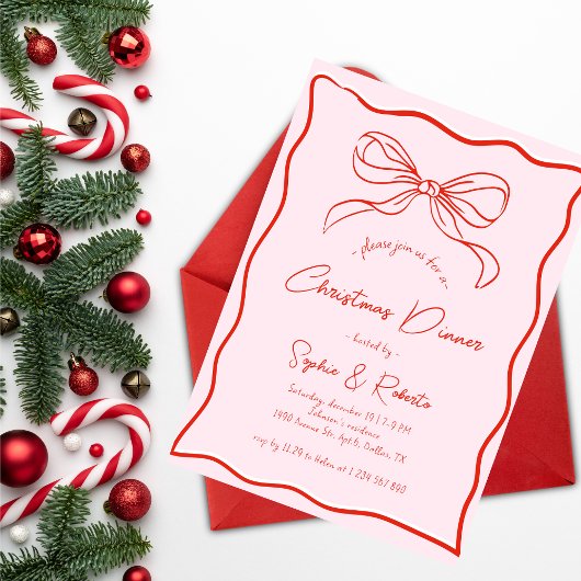 Roze & Rode Retro Bow Frans Kerstdiner Kaart