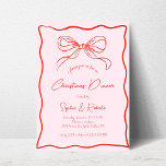 Roze & Rode Retro Bow Frans Kerstdiner Kaart<br><div class="desc">Nodig uw gasten uit met deze Pink & Red Retro Bow French Christmas Dinner Invitation, met een speels, ontwerp. De handgetekende grillige golvende lijsten, eigenzinnige Franse boog en handgeschreven tekst in krabbelstijl voegen een leuke, doodle-achtige charme toe. De roze achtergrond contrasteert prachtig met rode en witte strepen op de rug....</div>