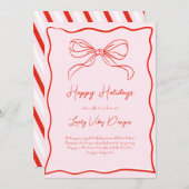 Roze & Rode Retro Bow Zakelijk Frans Kerstmis Feestdagenkaart (Voorkant / Achterkant)