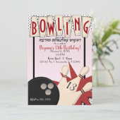 Roze Rode Retro Bowling Bowl gisteravond Partij Kaart (Staand voorkant)