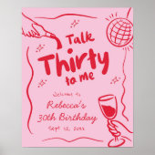 Roze Rode Retro Geïllustreerd 30jarige Welkomstbor Poster (Voorkant)