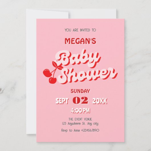 Roze rode retro groovy kersen baby shower kaart (Voorkant)