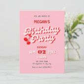 Roze rode retro groovy kersen verjaardag kaart (Staand voorkant)