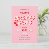 Roze rode retro groovy kersen verjaardag kaart (Staand voorkant)