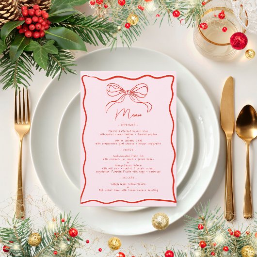 Roze & Rode Retro Strik Franse Kerstmaaltijd Menu