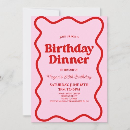 Roze Rode Retro Wavy Border Verjaardag Dinner Part Kaart (Voorkant)