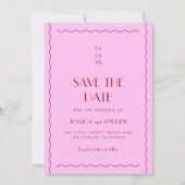 Roze rode retro Wavy Seventies Wedding Save The Date (Voorkant)
