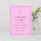 Roze rode retro Wavy Seventies Wedding Save The Date (Staand voorkant)