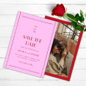 Roze rode retro Wavy Seventies Wedding Save The Date