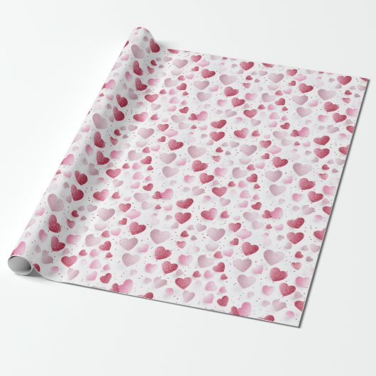 Roze & Rode Romantische Glitter Hearts Wrapping Pa Cadeaupapier (Uitgerold)