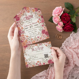 Roze & Rode Romantische Lente Bloemencode QR Code  All In One Uitnodiging