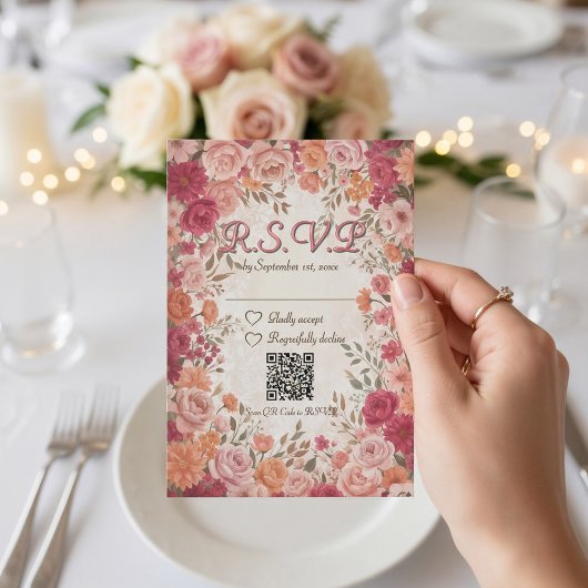 Roze & Rode Romantische Lente Bloemencode QR Code  RSVP Kaartje