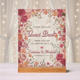 Roze & Rode Romantische Lente Trouwgastenboek Acryl Bord