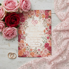Roze & Rode Romantische Roos Lente Bloemige Bruilo Folie Uitnodiging