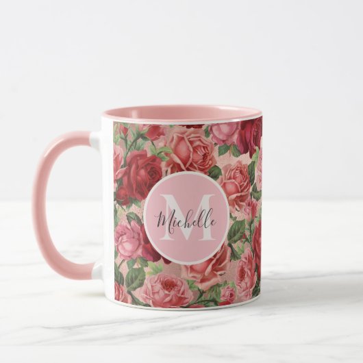  Roze Rode Roos Bloemen Monogrammed Mok (Links)