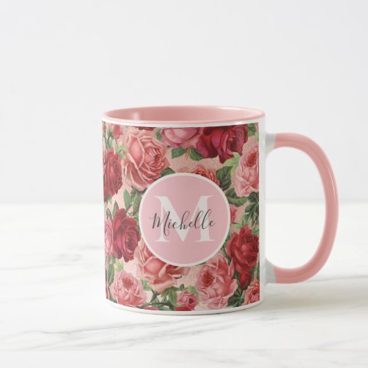  Roze Rode Roos Bloemen Monogrammed Mok (Rechts)