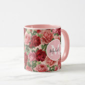  Roze Rode Roos Bloemen Monogrammed Mok (Voorkant rechts)