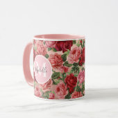  Roze Rode Roos Bloemen Monogrammed Mok (Voorkant links)