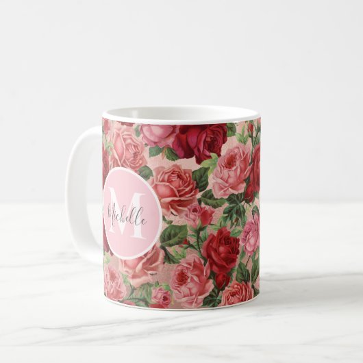  Roze Rode Roos Bloemen Monogrammed Mok (Voorkant links)