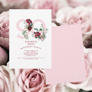 Roze & Rode Roos Elegant 90ste Verjaardagsfeestje  Kaart