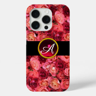 ROZE RODE ROOS VELD, RODE ROBIJN EDELSTEEN MONOGRA iPhone 15 PRO CASE