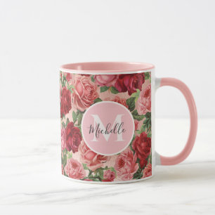  roze rode roze bloemen monogrammatisch mok