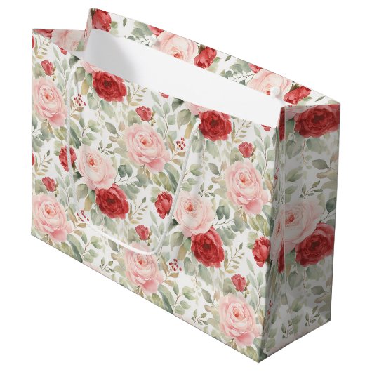 Roze Rode Rozen Bloemachtige Bruidsfeest Groot Cadeauzakje (Voorkant Gekanteld)