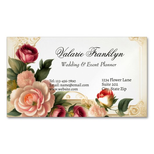  Roze & Rode Rozen Elegante Bruiloft Planner Magnetisch Visitekaartje (Voorkant)