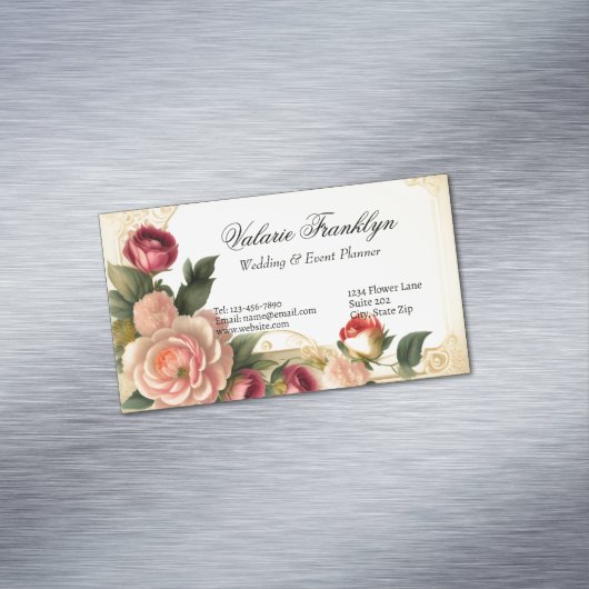  Roze & Rode Rozen Elegante Bruiloft Planner Magnetisch Visitekaartje (Voorbeeld)