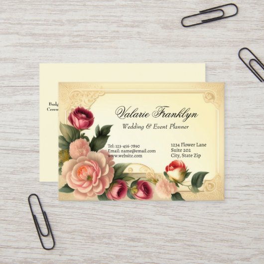  Roze & Rode Rozen Elegante Bruiloft Planner Visitekaartje (Voorkant / Achterkant in situ)