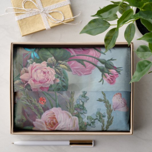  roze, rode rozen en gebompelde bloemen tissuepapier (Geschenk)