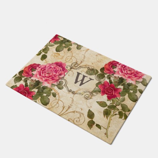 Roze rode  Rozen Monogrammen Initiaal Deurmat (Schuin)