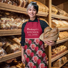 Roze rode Rozen Patroon Aangepaste naam Schort