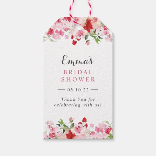Roze Rode Rozen Waterverf Bloem Bruiloft Feest Cadeaulabel (Voorkant)