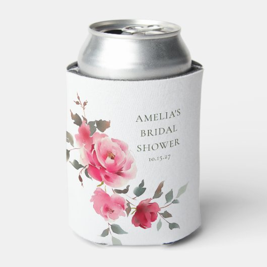 Roze rode rozen waterverf bruiloftsdouche blikjeskoeler (Blikje Voorkant)
