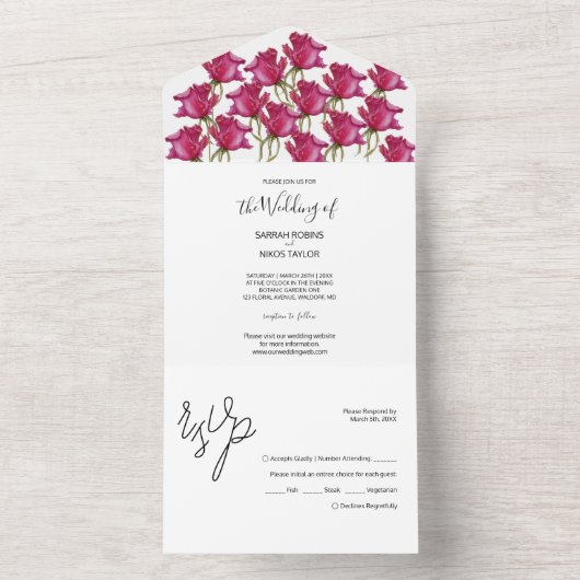 Roze rode rozen Waterverf handgeschilderd All In One Uitnodiging (Binnen)