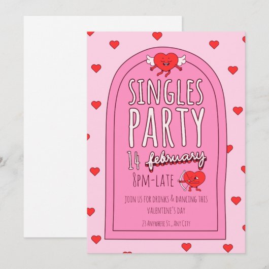 Roze & Rode Schattigee Singles Valentijnsdag Party Feestdagenkaart (Voorkant / Achterkant)
