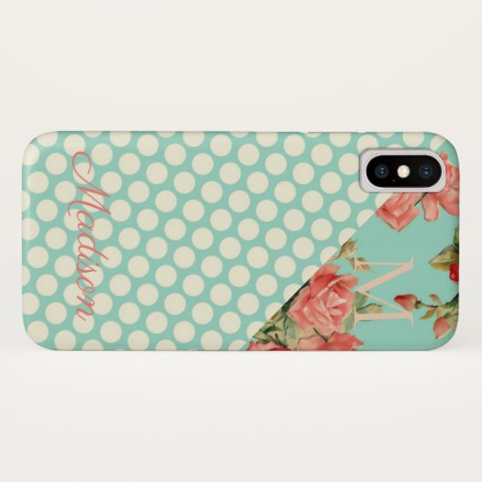 Roze rode Stippen Floral Monogram Initiaal Girly Case-Mate iPhone Case (Achterkant (horizontaal))