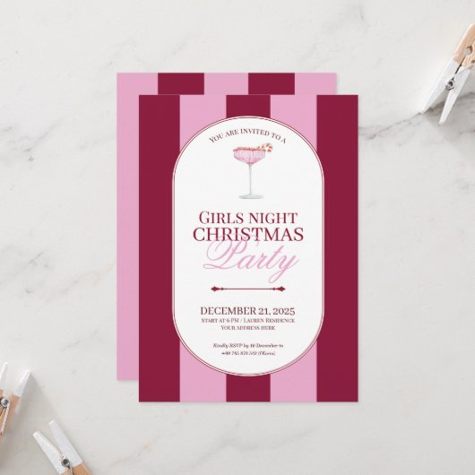 Roze rode streep Meisjes Kerst Uitnodiging (Voorkant / Achterkant in situ)