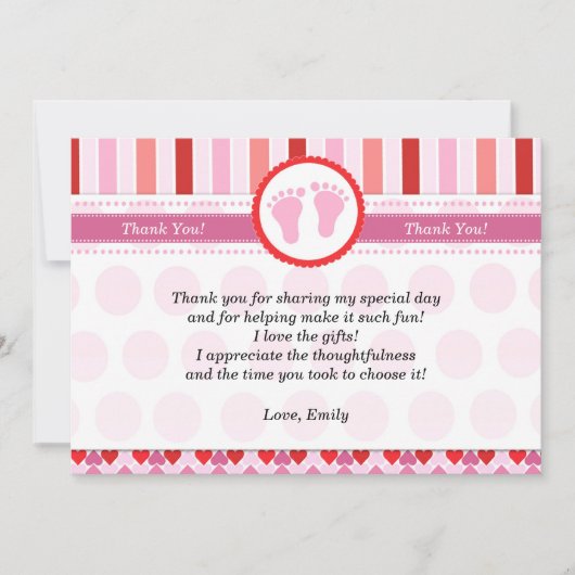 Roze rode strepen, babymeisjesschoeisel Hartelijk  Bedankkaart (Voorkant)