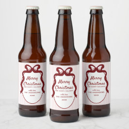 Roze & Rode Strepen & Strik Frame Kerst  Bier Etiket