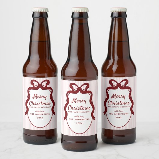 Roze & Rode Strepen & Strik Frame Kerst Bier Etiket (Flessen)