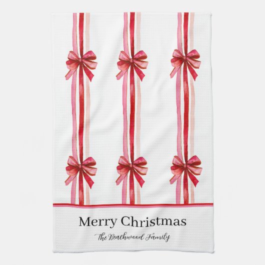 Roze rode strikken Kerstmis Theedoek (Verticaal)