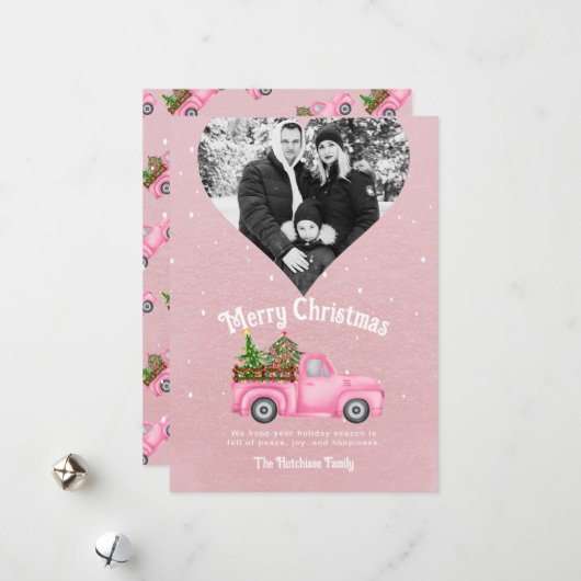  roze rode truck kerstboom hart foto feestdagenkaart (Voorkant / Achterkant in situ)
